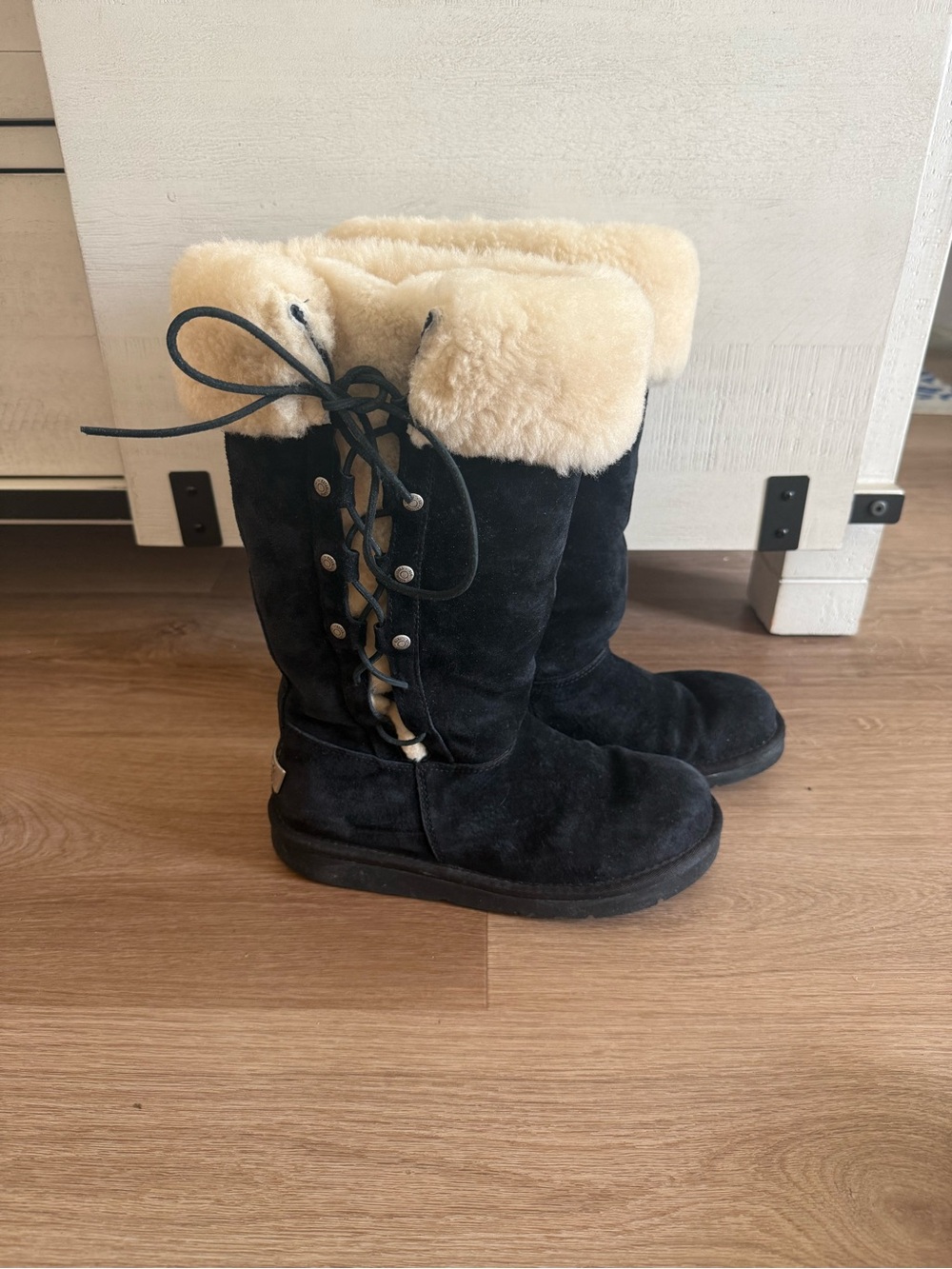 Ugg Upside Black Suede Winter Boots with Cream Shearling Cuff and Lace-Up Sides